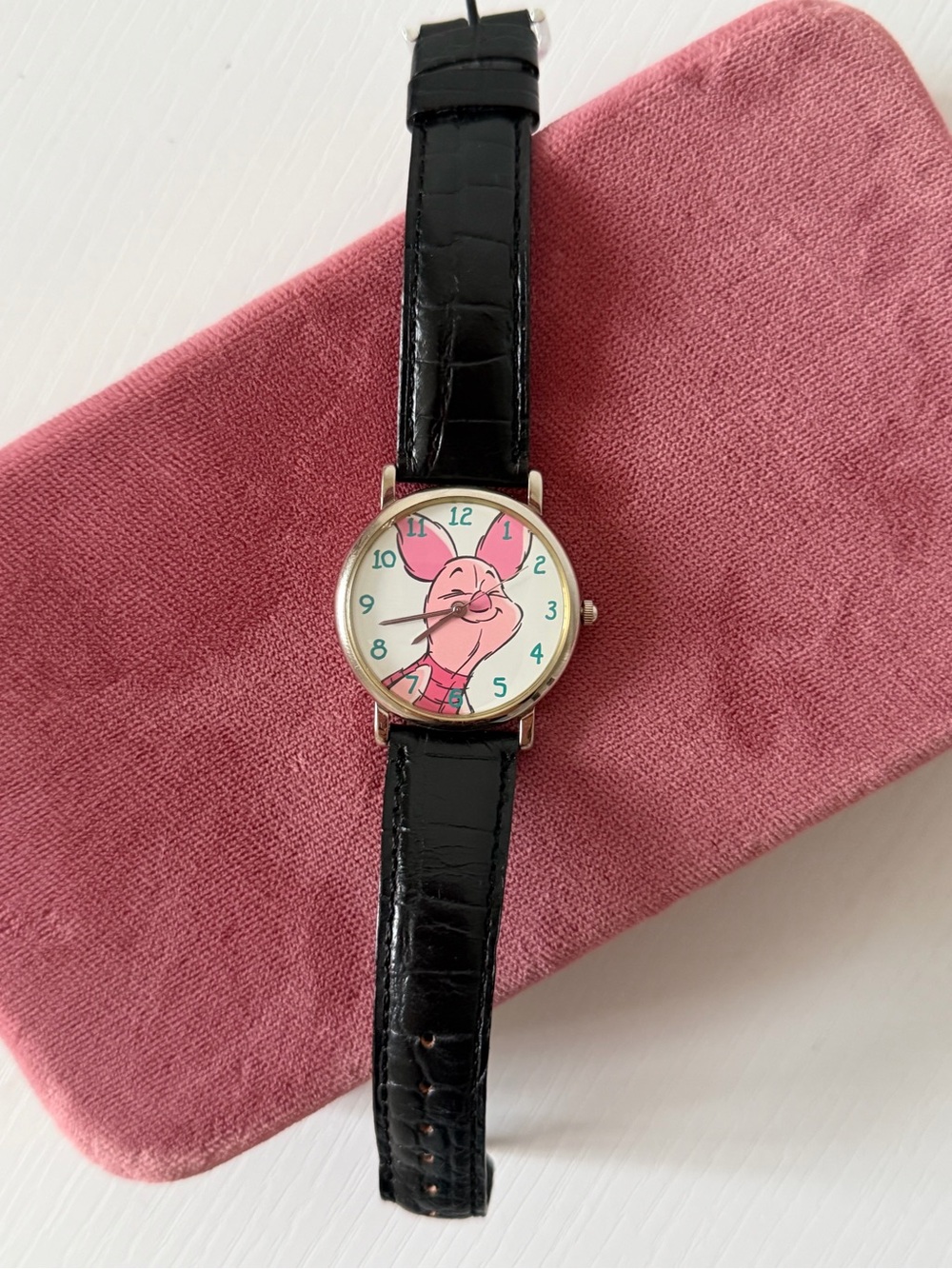 Vintage Timex Disney Piglet Watch โ Silver Tone Case & Black Leather Strap